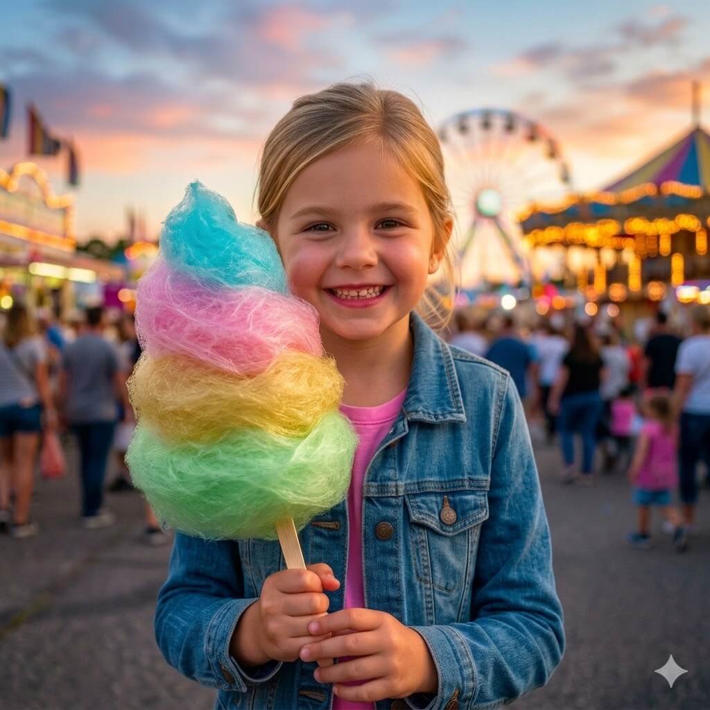 dziewczyna trzymająca wielokolorową watę cukrową